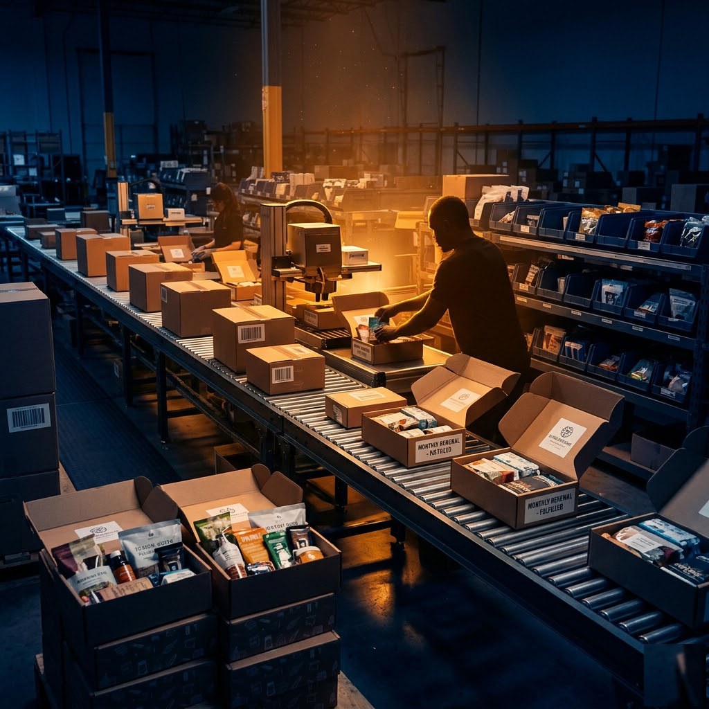 SBGA warehouse team fulfilling subscription box orders on a conveyor line